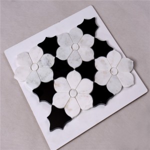 HSC62 Kaunis mustavalkoinen laattainen kylpyhuone, jossa on kukka-marmorinen mosaiikkilattia ja seinälaatat