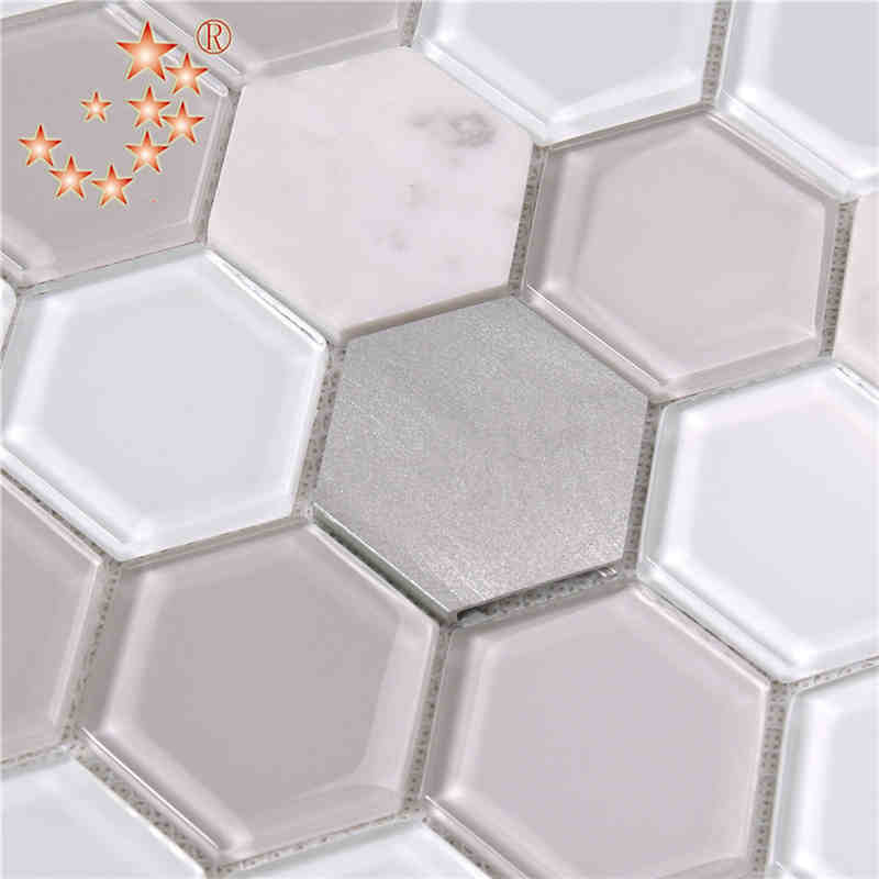 Viimeisin muotoilu Keittiö ja kylpyhuone Sisustus Sisältö Vesisuihku kuusikulmio metalli lasi sekoitettu marmorilattia Mosaic Tile