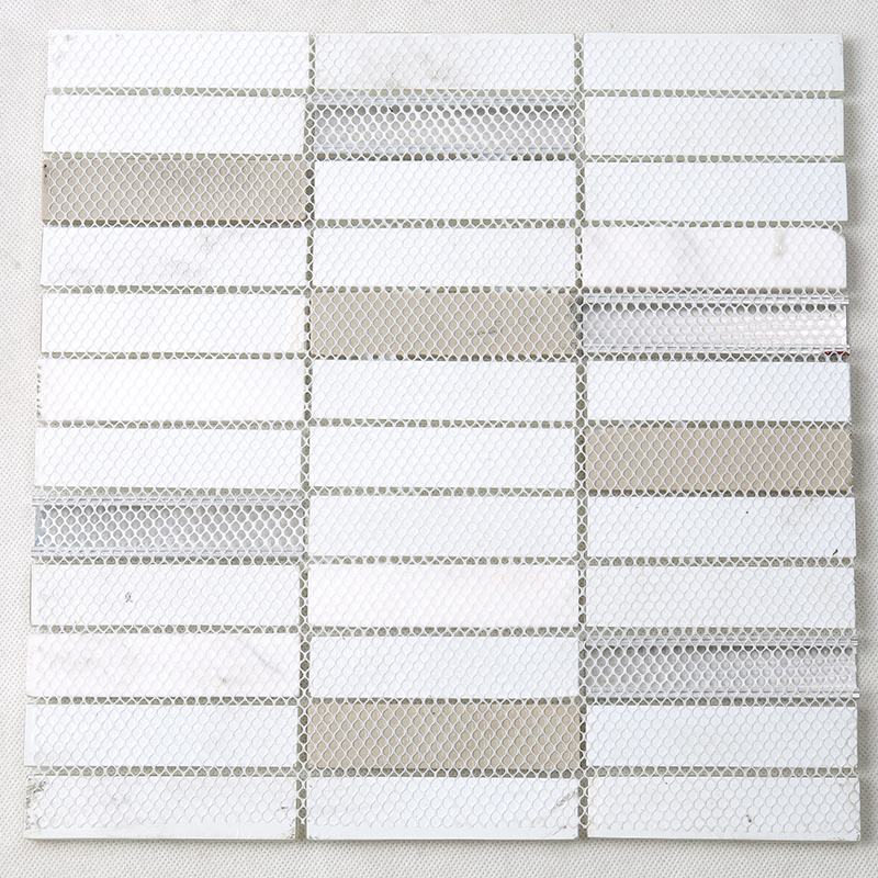 Super White Glass ja Marble Ceramic Tile Metal Splash Takaisin Mosaic