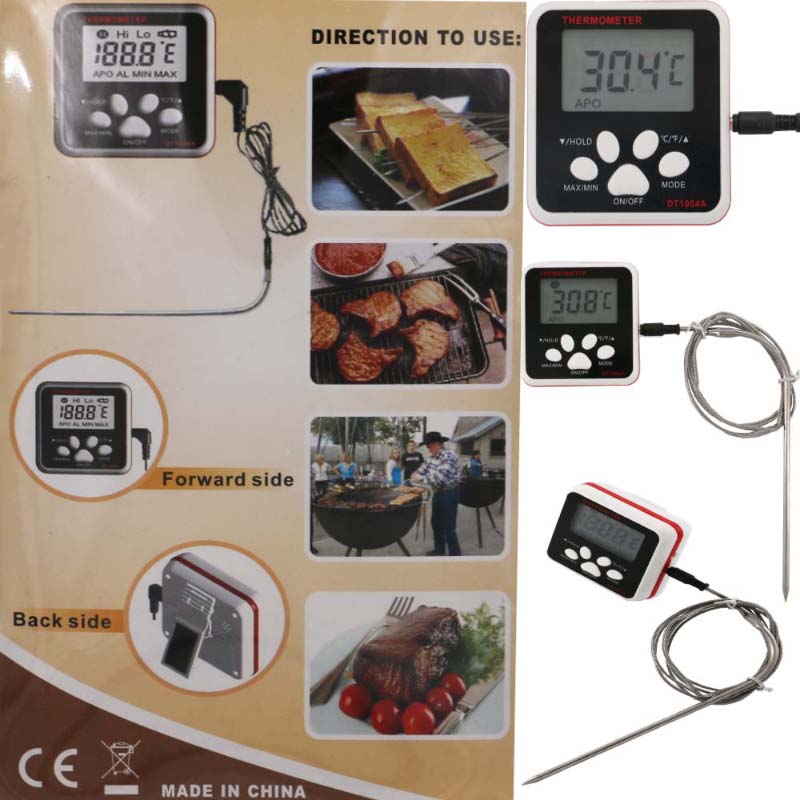 Digitaalinen ruoka-lämpömittari ruostumattomasta teräksestä valmistetulla LCD-näytöllä