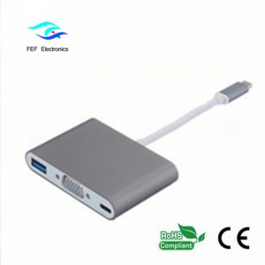 USB TYPE-C - USB3.0 naaras + VGA naaras + PD kolme yhdessä muunnin ABS-kuori Koodi: FEF - USBIC-007