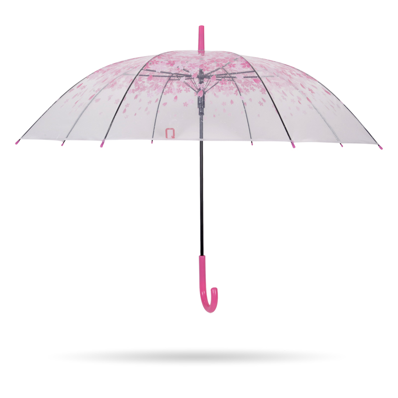 vaaleanpunainen sakura 23 '' 8k auto avoin muovi J kahva läpinäkyvä poe suora sateenvarjo