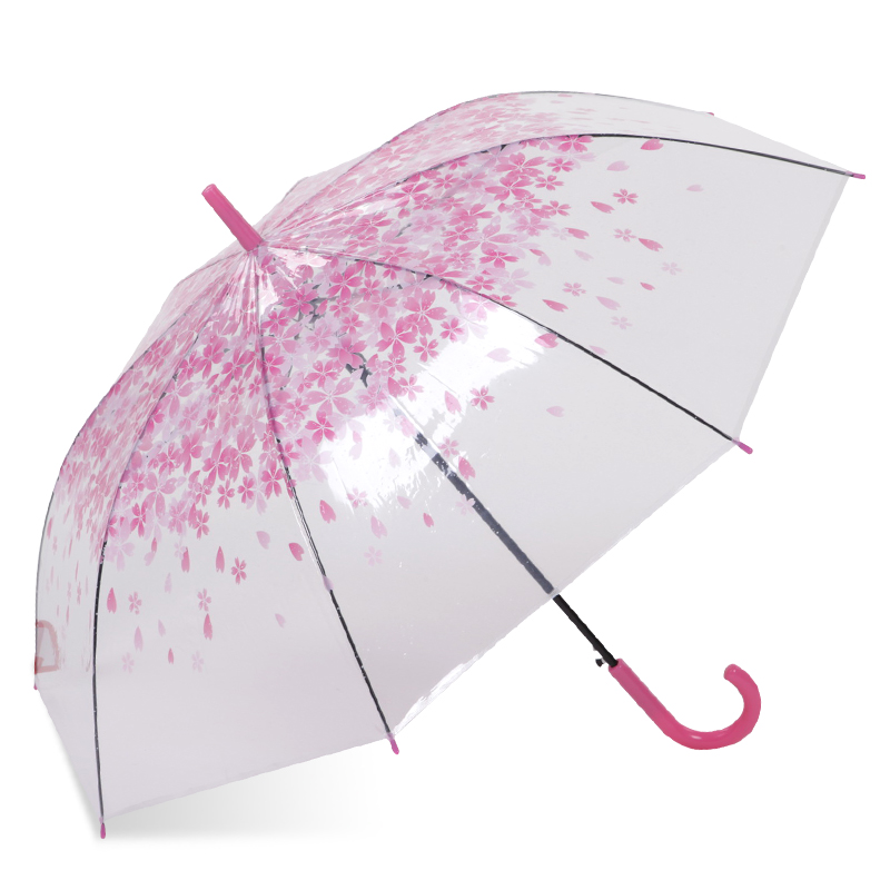 vaaleanpunainen sakura 23 '' 8k auto avoin muovi J kahva läpinäkyvä poe suora sateenvarjo