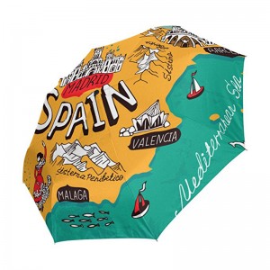 Tuulenpitävä mukautettu tulostus pongee-kangas 2-osainen lasikuitu kylkiluut automaattinen 3 taitettava sateenvarjo