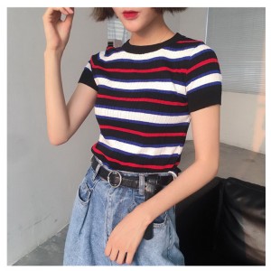 Kesä ohut moitteettomat raidat naisten lyhythihainen villapaita