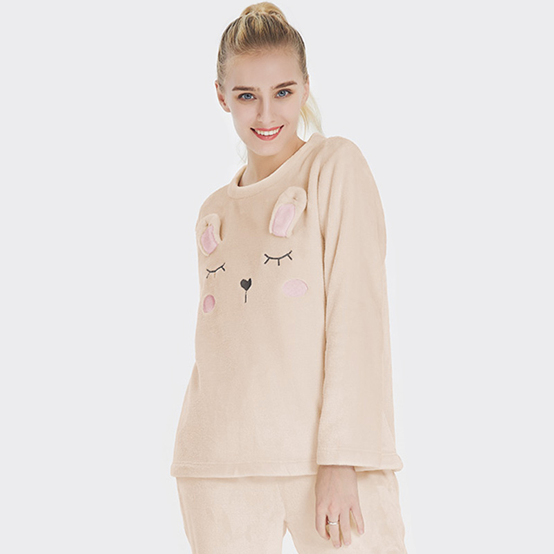 Naisten flanelli fleece-eläinten brodeeraus kanin pyjama-setti