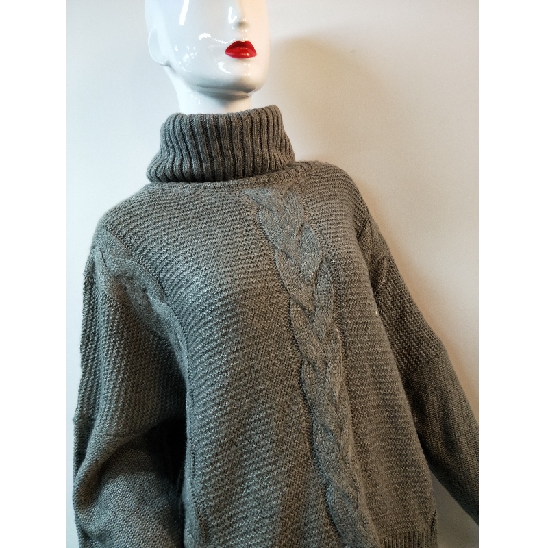 GREY HIGH NECK CABLE KNIT SWEATER RLWS0132F