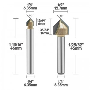 90-asteinen V-urareititin, titaanipinnoitettu, kovametallipotettu 2-aaltoinen CNC-kaiverrusbitti, puuntyöstöleikkurin viisteleikkuri, 1/4-tuumainen varsi