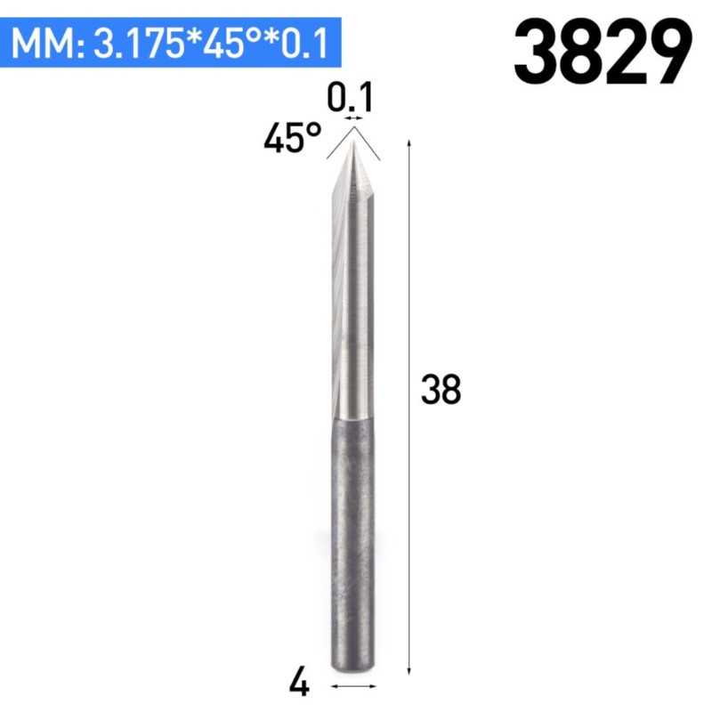 Suora 45 asteen V-uran kaiverrustyökalun kovametallinen CNC-reitittimen bitti 1/8 tuuman varsi 0.1mm kärki 5PCS