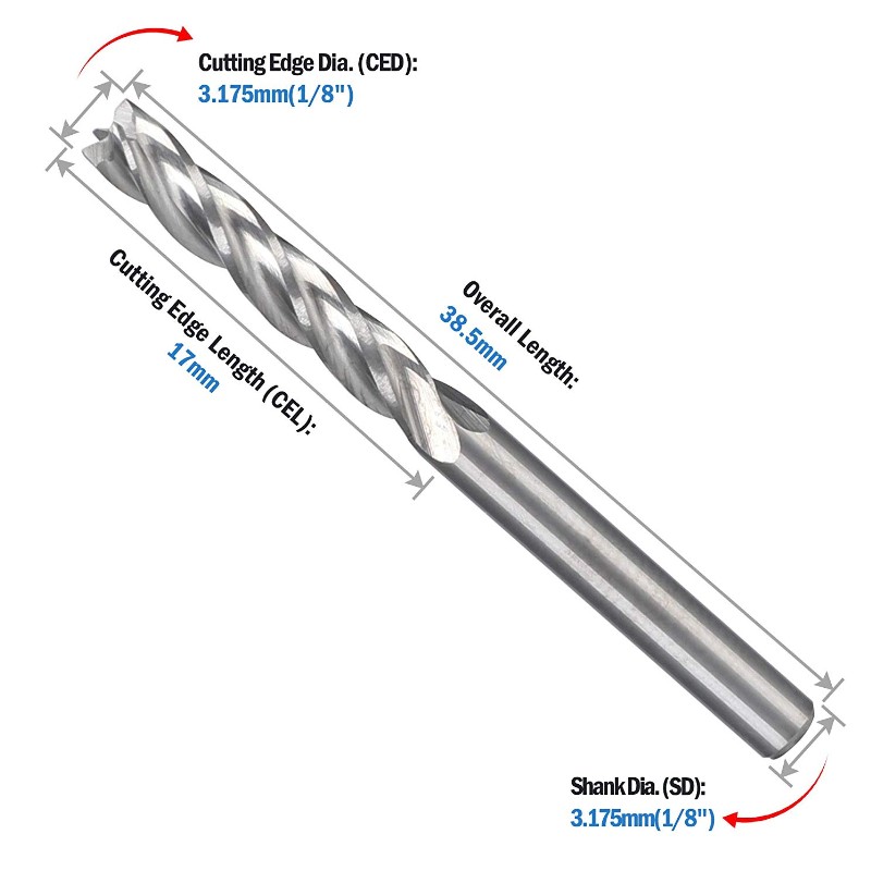 CNC-päätehdas 1/8-reitittimen bittiä 1 8 varren 4-uraan kierrepäätytyssyöttöleikkuri Volframiteräspuun leikkaustyökalusarja 17 mm CEL, 38,5 mm OAL akryyli-MDF: n PVC-tiheyslevylle kovapuuvaneri