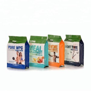 Valmistaja 1 kg: n tasainen pohjaproteiinilisäainepussi pussi, jossa selkeä ikkuna, neliön pohjainen laukkurasia, vetoketjulla