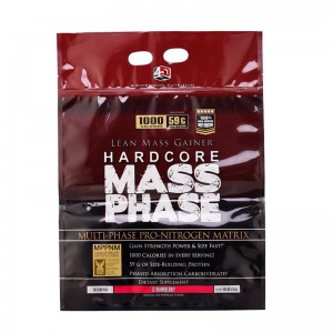 Valmistaja 1 kg: n tasainen pohjaproteiinilisäainepussi pussi, jossa selkeä ikkuna, neliön pohjainen laukkurasia, vetoketjulla