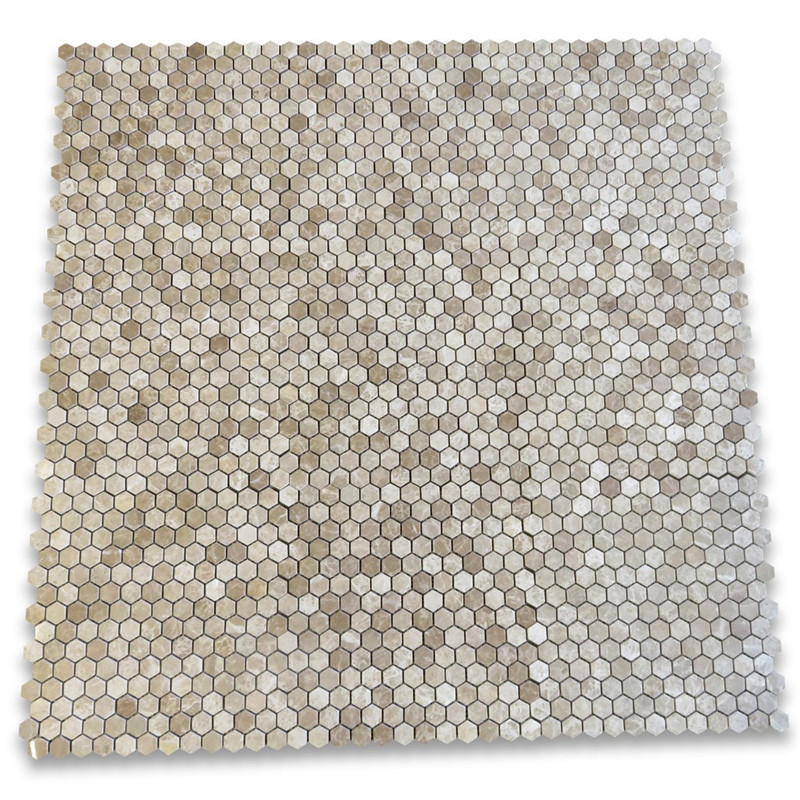 Emperador Light 1x2 Basketweave Mosaic Tile w Emperador Dark Dots kiillotettu