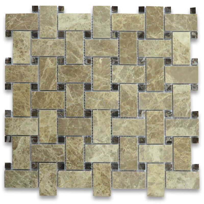 Emperador Light 1x2 Basketweave Mosaic Tile w Emperador Dark Dots kiillotettu