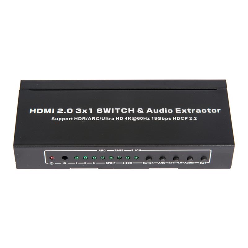 V2.0 HDMI 3x1 -kytkin ja äänenpoistimen tuki ARC Ultra HD 4Kx2K @ 60Hz HDCP2.2 18Gbps