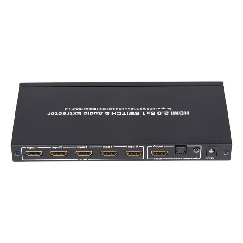 V2.0 HDMI 5x1 -kytkimen ja äänenpoistimen tuki ARC Ultra HD 4Kx2K @ 60Hz HDCP2.2 18 Gbps