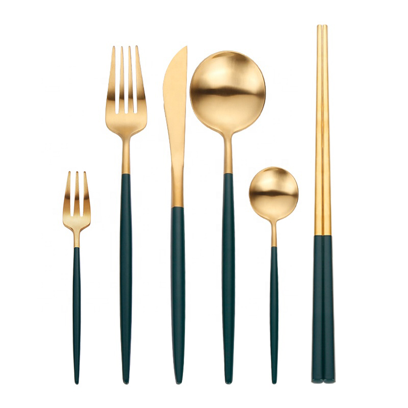 Green Hand Stainless Steel Wedding Full Ravintola Matte Gold Spoon Fork Knife Cutlery Set