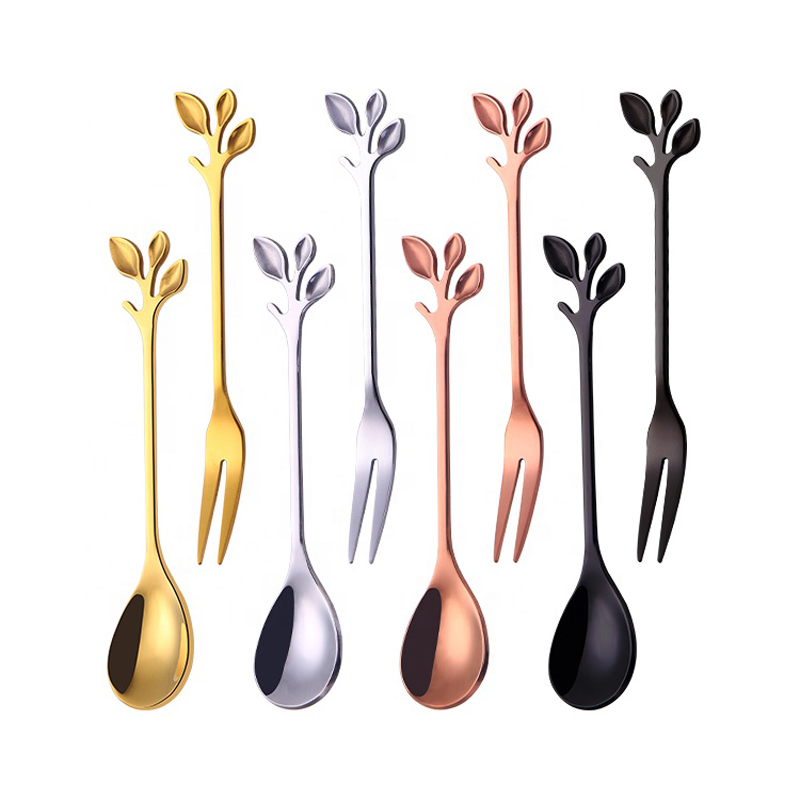 Branch Shape Coffee Spoon Fruit Fork Mirror Small Spoon and Fork Stainless Steel