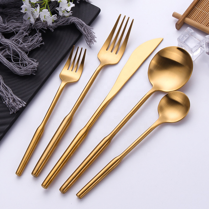 Titanium Gold Plating Brass Flatware Matt Finding Metal Fork Spoon Knife Matte Gold Cutlery