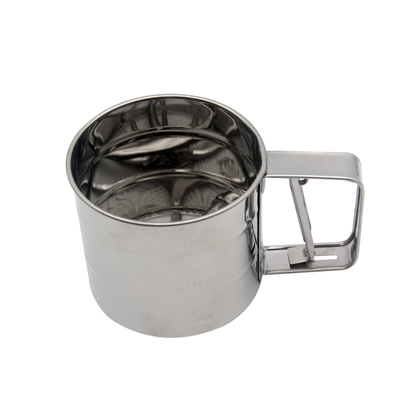 Leivontatyökalu, jossa mitta-asteikko jauhojäähdytyssokeria, ruostumatonta terästä Shaker Sieve Cup Mesh Crank jauhoja