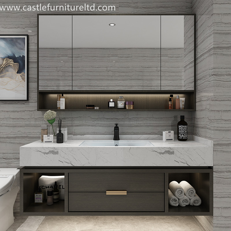 Yhdistelmä tammea kylpyhuonekaapissa Pohjoismainen yksinkertainen massiivipuuta kaappi kylpyhuone älykäs peili kylpyhuone pesu kuristus vaiheessa marmori pesuallas