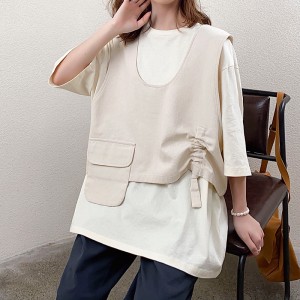 Löysä malli Minimalistinen pyöreä kaulus tyyli ommeltu hihatyyli Rento Yksivärinen puuvilla ja pellava ylimitoitetut mittatilaus 19527 T-paidat + liivit