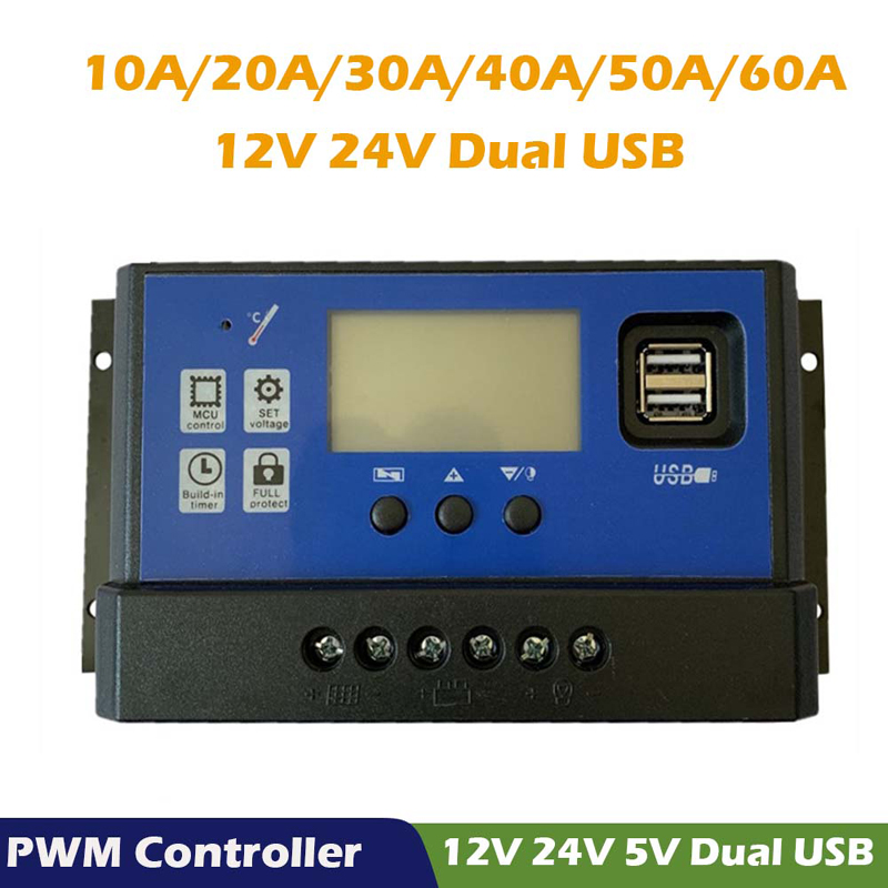 PWM Solar Charger Controller 60A 50A 40A 30A 20A 10A 12V 24V Akkulaturi LCD Dual USB Solar-paneelin säädin max 50V PV-tulo