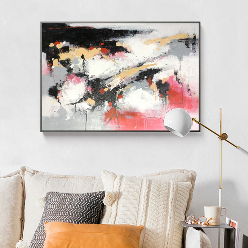 Hot Sale Suuri koko vaaleanpunainen ja musta käsin kangas akryylimaalaus seinään sisustus abstrakti taideteos öljyä olohuone