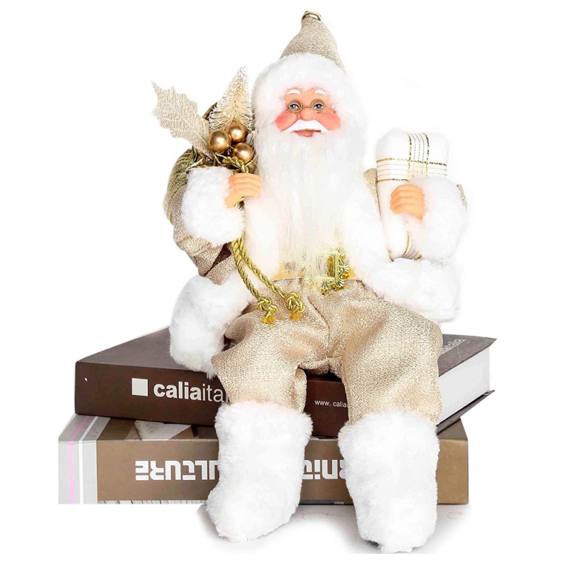 12 tuuman istuu Golden Santa Claus Figurine, jossa lahjakassi lehdet ja laatikko yllään valkoiset kengät joulu loma sisustus