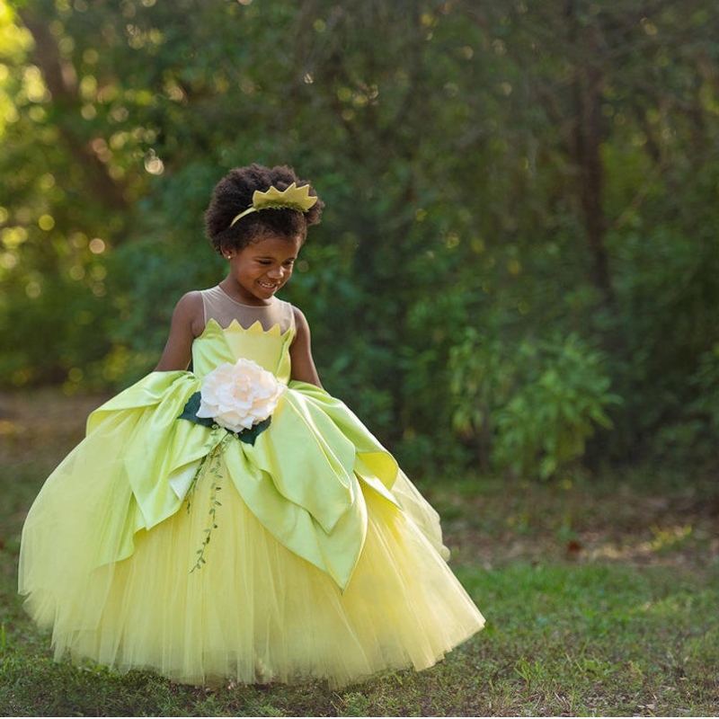 Frog Princess -puku lapsille tytöille Tiana -elokuva cosplay -karnevaali pukeutuu prinsessaroolipelien mekkoihin