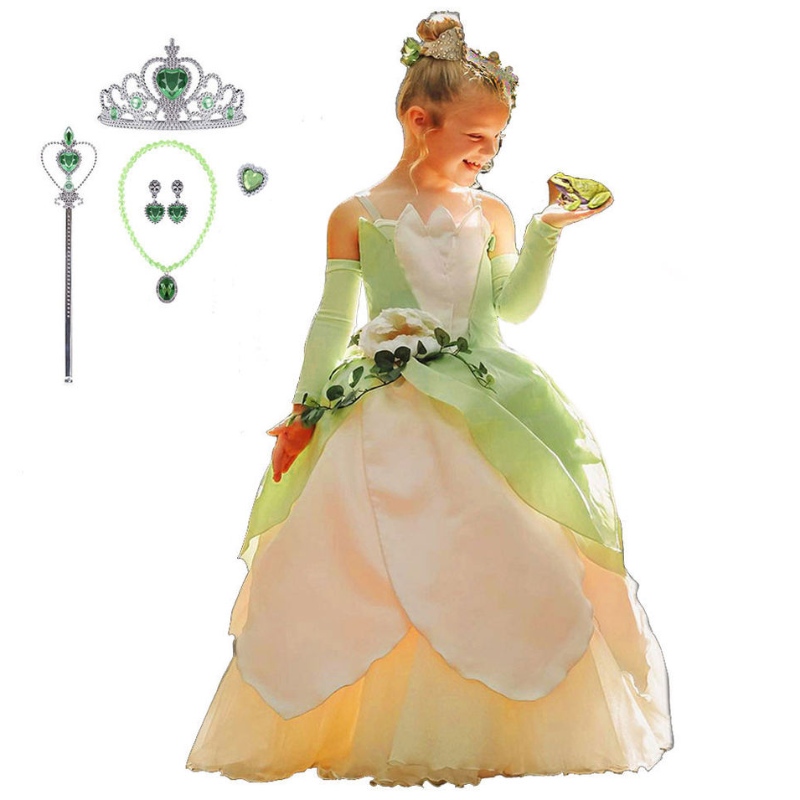 Frog Princess -puku lapsille tytöille Tiana -elokuva cosplay -karnevaali pukeutuu prinsessaroolipelien mekkoihin