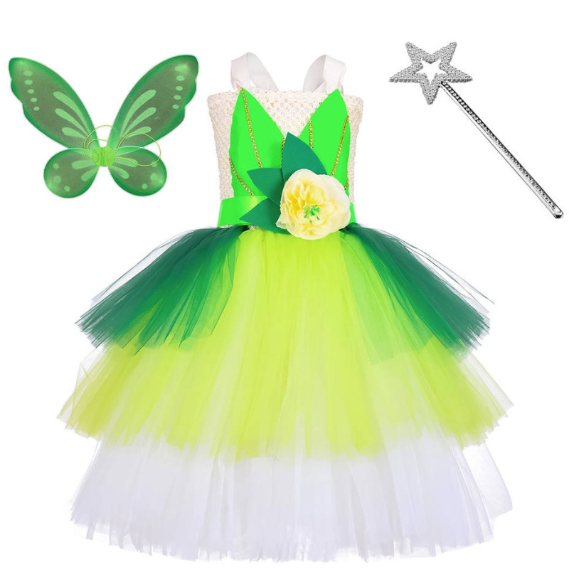 Halloween Cosplay Princess Baby Girls Party Green Flower Fairy Tinker Bell Dress Elf -puku perhonen siipien kanssa