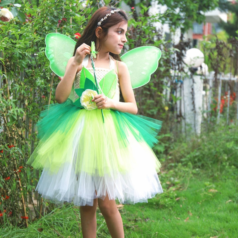 Halloween Cosplay Princess Baby Girls Party Green Flower Fairy Tinker Bell Dress Elf -puku perhonen siipien kanssa