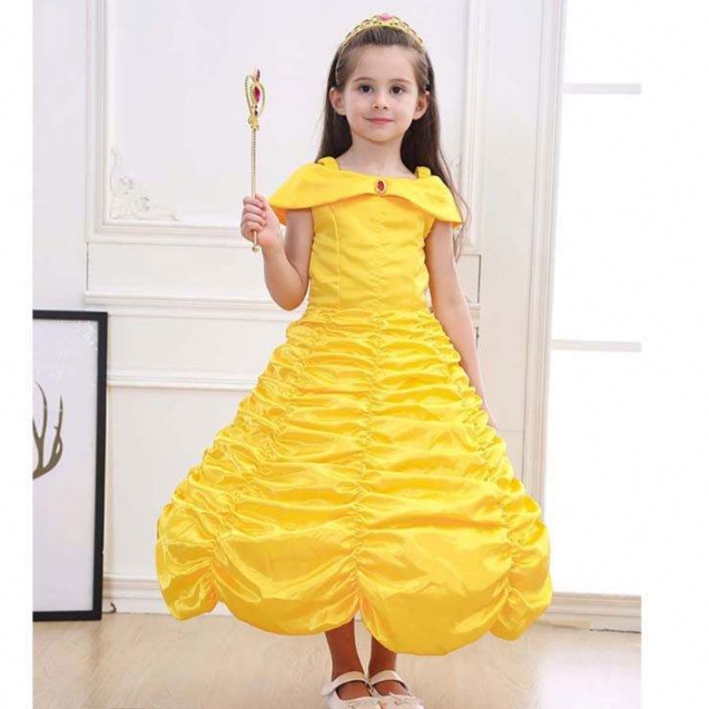 Halloweenin lasten vaatteet kerrostettu olkapääkeltainen prinsessa Belle-puku Little Girls Halloween -mekko HCBL-001