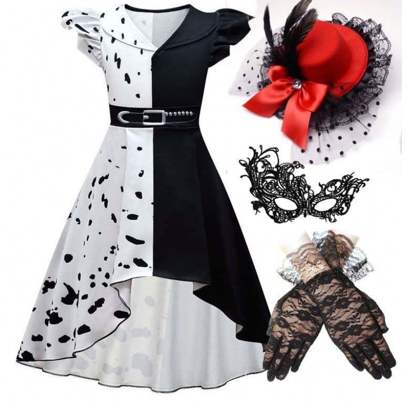 Halloween cosplay -puku tytöt Black White Rool Play Cruella -puku Full Set DGHC-141