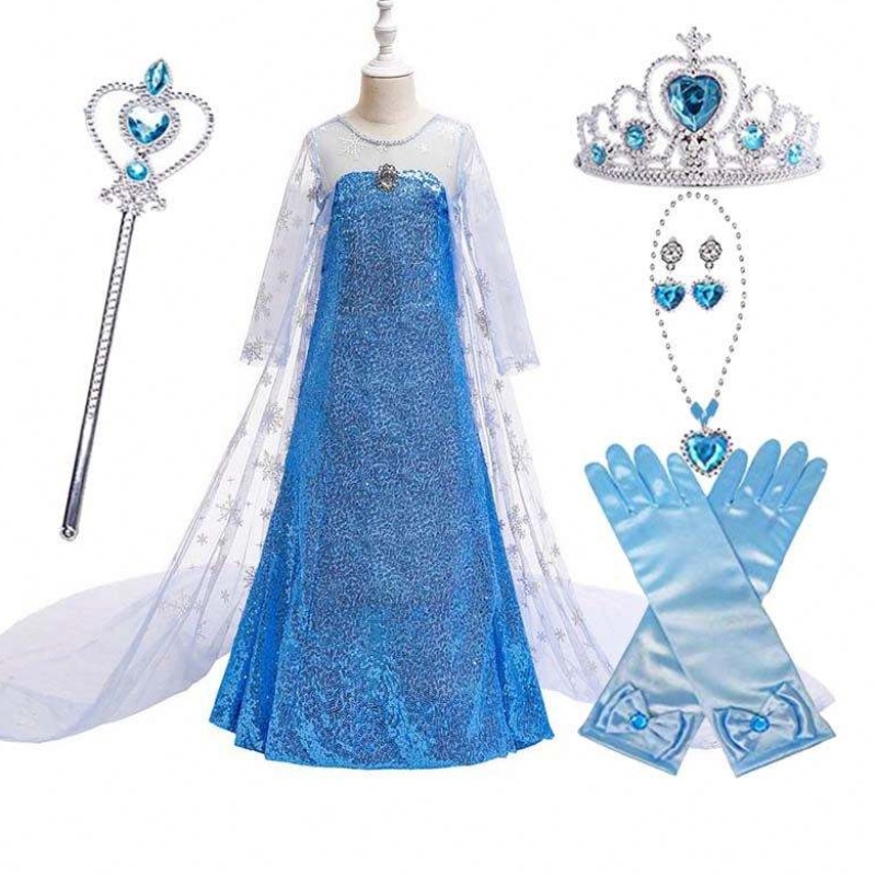 Lapset puku pieni tyttö sininen mekko lumi kuningatar kapilla prinsessa Elsa-mekko HCGD-047