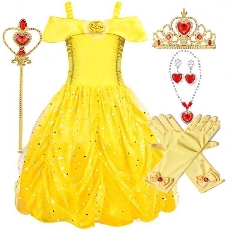 Fancy Halloween Xmas Syntymäpäiväjuhlat Carnival Yellow Ballgown Princess pukeutuu pikkutyttö Belle -mekot HCBL-007