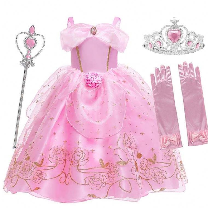 Kid Princess Dress Girl Summer Fancy Party Vaatteet vaaleanpunainen prinsessa Aurora-puku HCSP-012