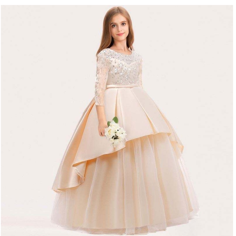 Baige Long Style Children Wedding Ball Gown Girls Frock Design Kids Party Wear Long Frock 9101