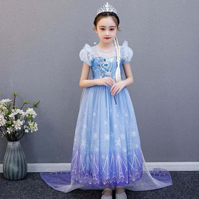 Baige 2021 Uusi Blue Elsa Anna Girl Party Dress Cosplay Dresses Up Princess käsintehty kaulakoru ja pitkä viitta