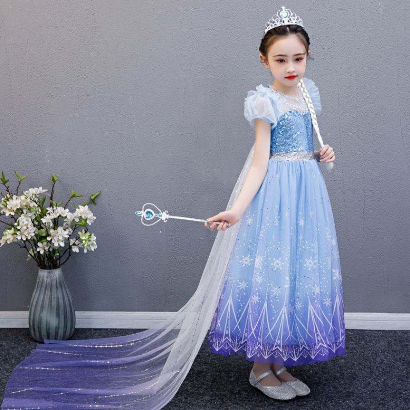 Baige 2021 Uusi Blue Elsa Anna Girl Party Dress Cosplay Dresses Up Princess käsintehty kaulakoru ja pitkä viitta