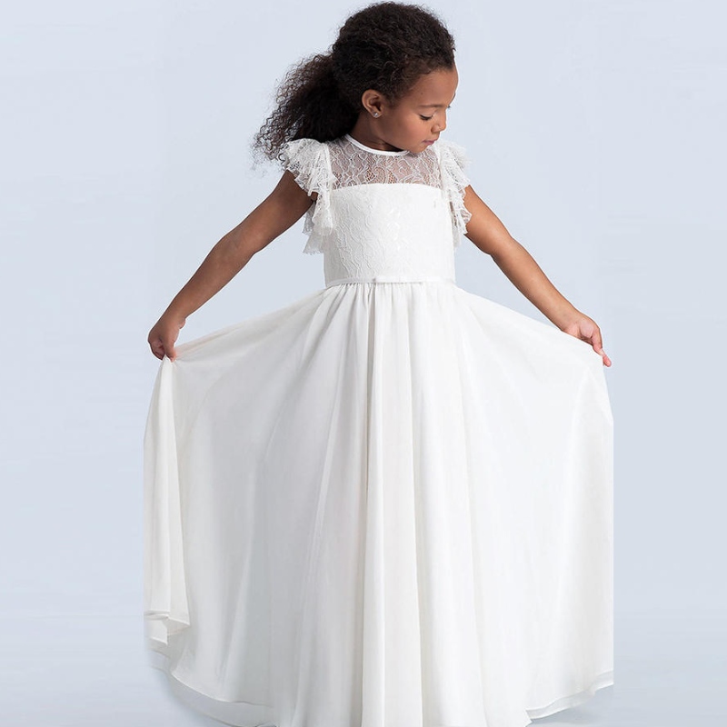 Tyttöjen pitsi maxi -mekko Kids Ruffle Sleeve Princess Tyll -mekot Morsiusneito Ensimmäinen kommunion Kukkahakkut vestidos -mekot