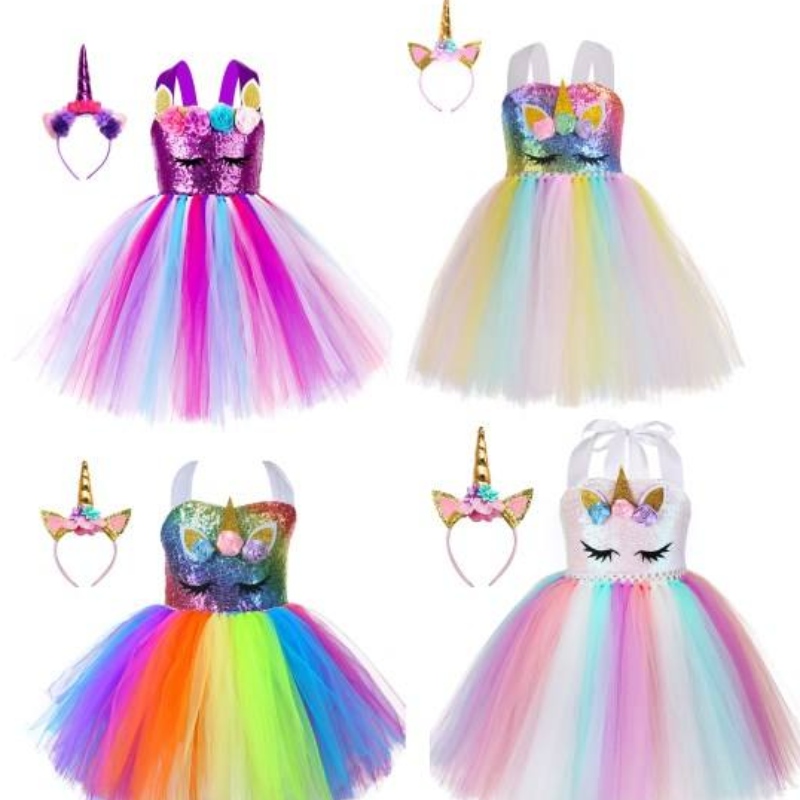 Kid Toddler Girl Birthday Ball Party Cosplay -puku LED Light Up Rainbow Unicorn Fluffy kerrostettu tylli tutu -mekko pääpannalla