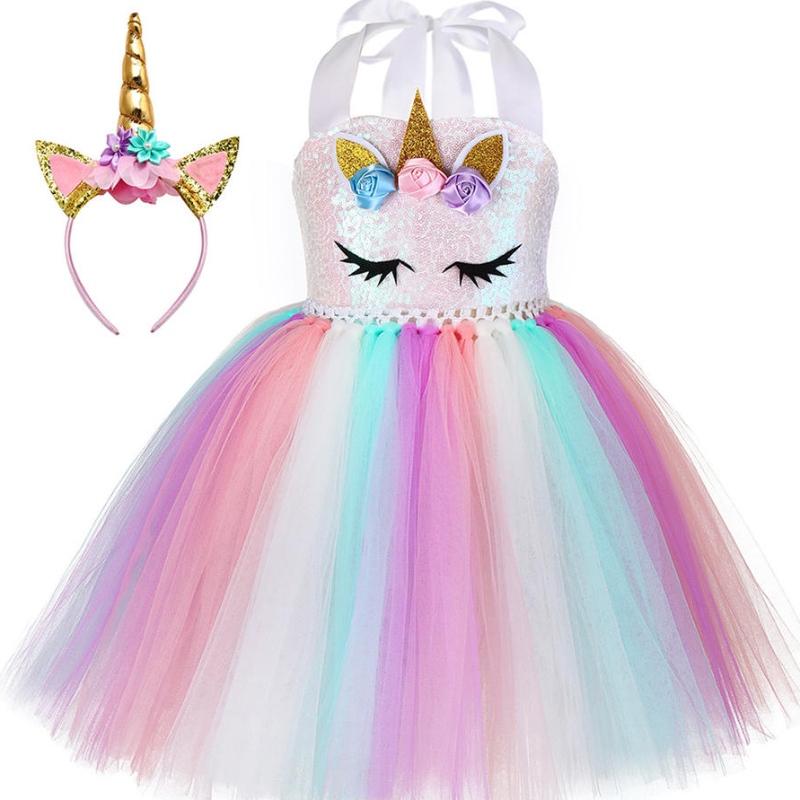 Kid Toddler Girl Birthday Ball Party Cosplay -puku LED Light Up Rainbow Unicorn Fluffy kerrostettu tylli tutu -mekko pääpannalla