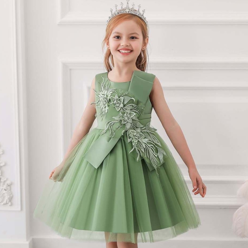 Baige uusi iltajuhlia pallo puku vihreä kukka tyttö pukeutuvat lapset fancy prinsessa frock