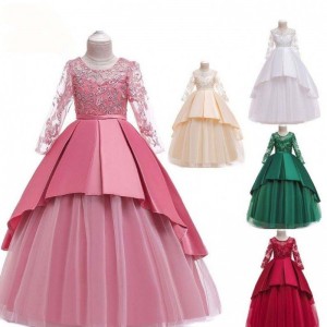 Korkealaatuiset tyttövauvajuhlat Frock Kids Evening Party Gowns Lace Pitkähihna Maxi Dress LP-233