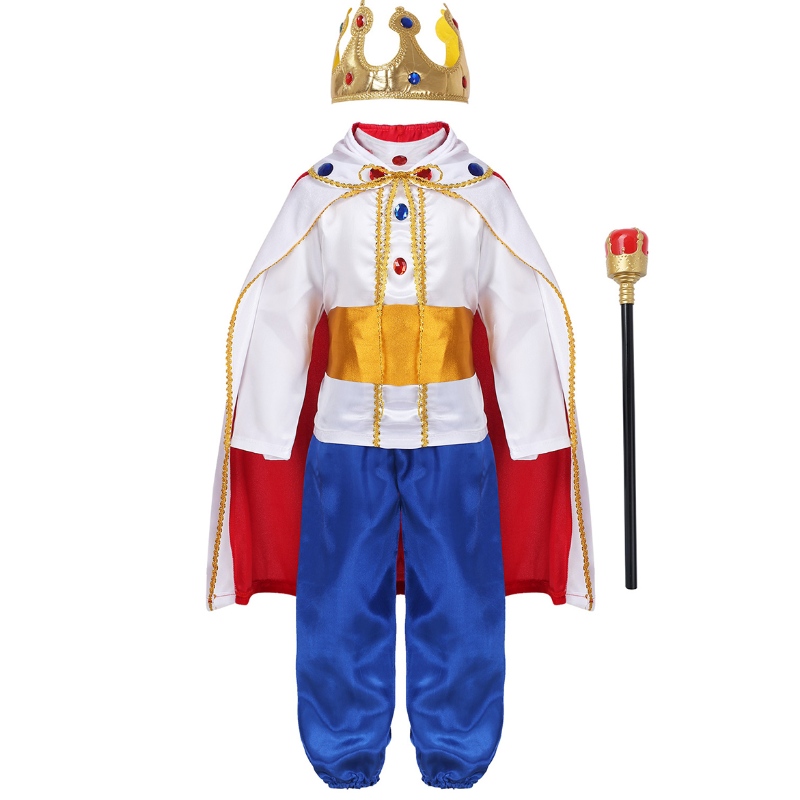 King Prince -puvut pojille lapsille Halloween Cosplay Up Cloak Crown Scepter Set Carnival Roleplay Party Autfit