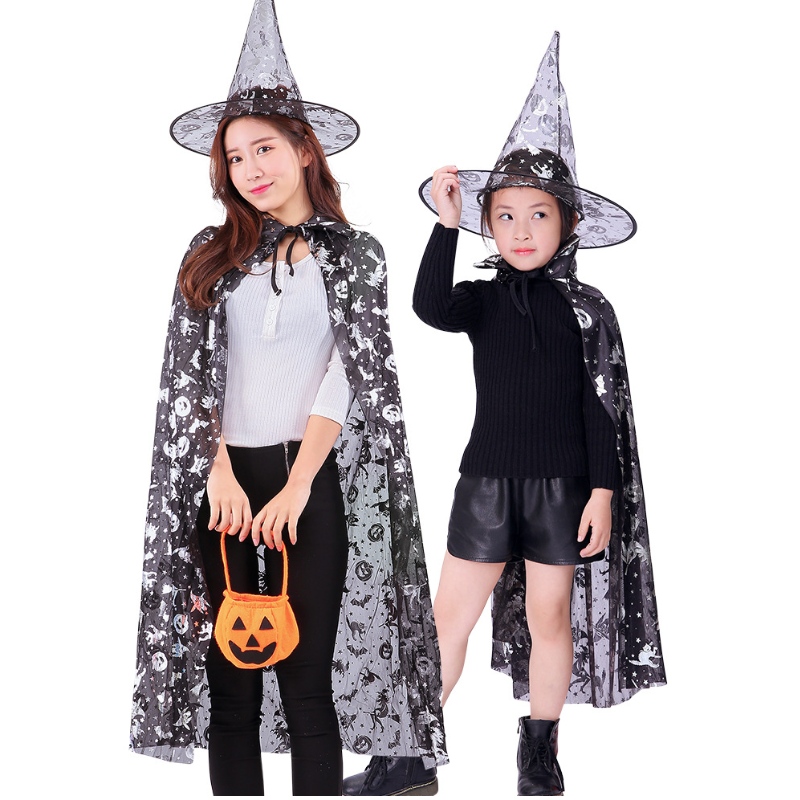 Halloween -pukujennoita velho Cloak Cape Robe Pointy Hat for Kids Halloween rekvisiittanaisten asetettu cosplay -syntymäpäiväjuhlat