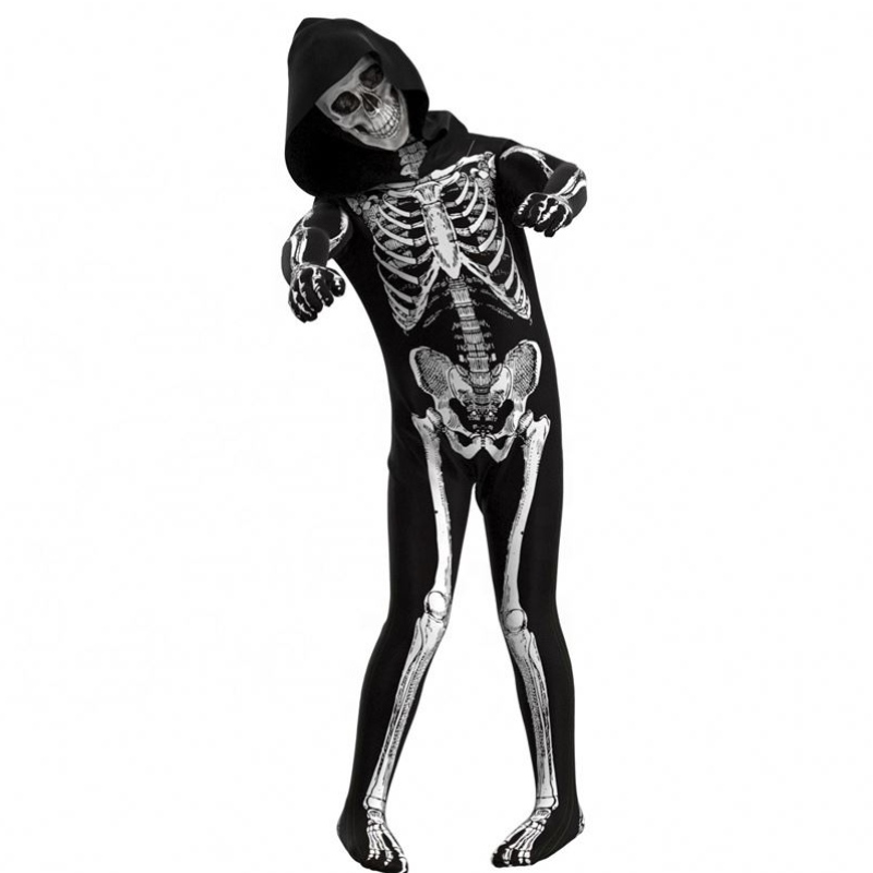 Tukkumyynti elävä pelottava Halloween Cosplay Props Human Skull Skeleton huppari jumpsuit -hupparipukut lapsille