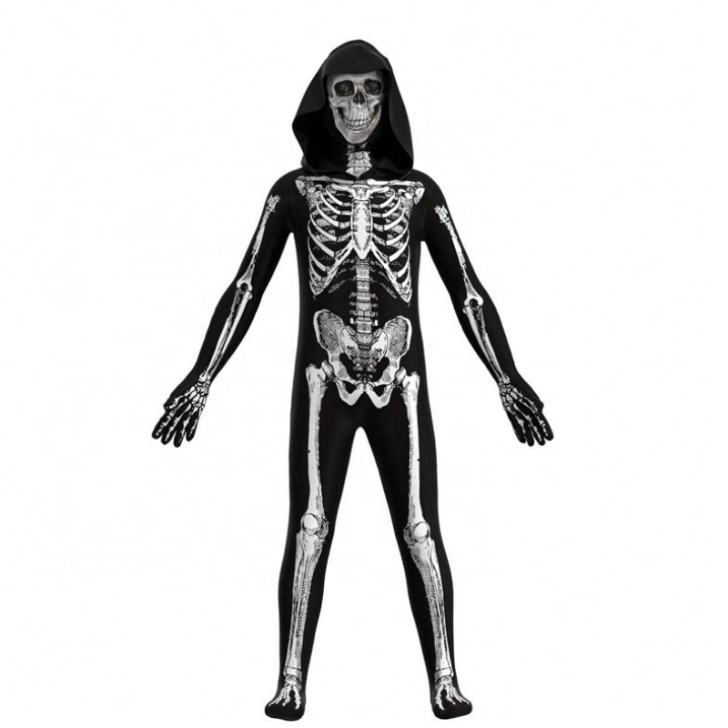 Tukkumyynti elävä pelottava Halloween Cosplay Props Human Skull Skeleton huppari jumpsuit -hupparipukut lapsille